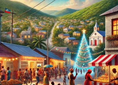 DALL·E 2024-12-15 20.49.26 - A vibrant and realistic illustration of Haitians celebrating Christmas in Port-au-Prince and rural areas of Haiti. The scene includes a bustling urban