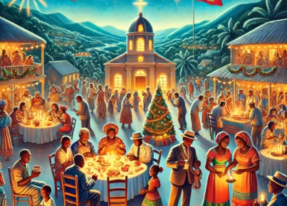 DALL·E 2024-12-24 17.36.23 - A vibrant and heartwarming illustration of a Haitian Christmas Eve celebration, capturing the essence of faith, family, and festive joy. The scene sho